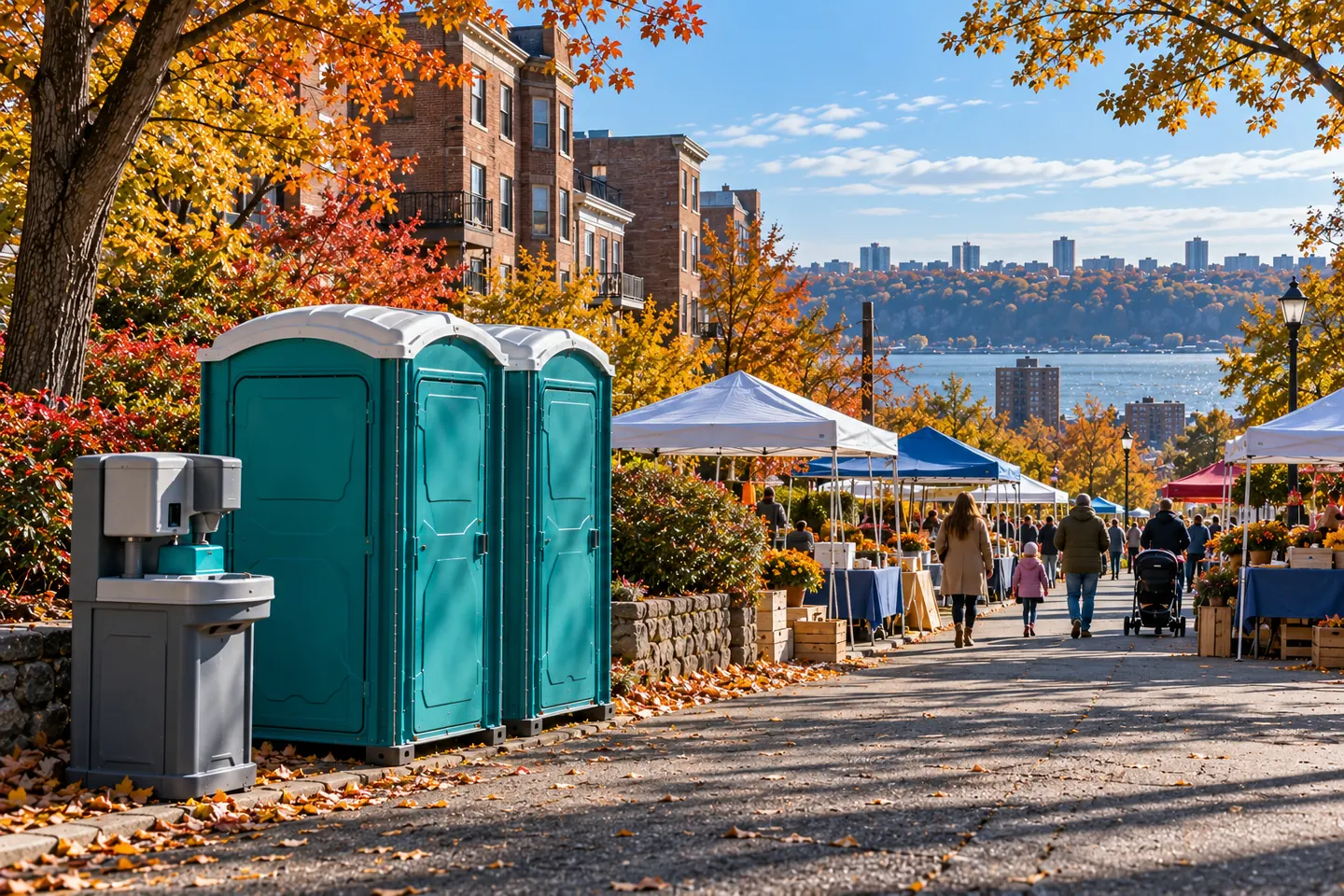 A gray two-basin handwashing station next to two teal portable toilets at the edge of an autumn street market