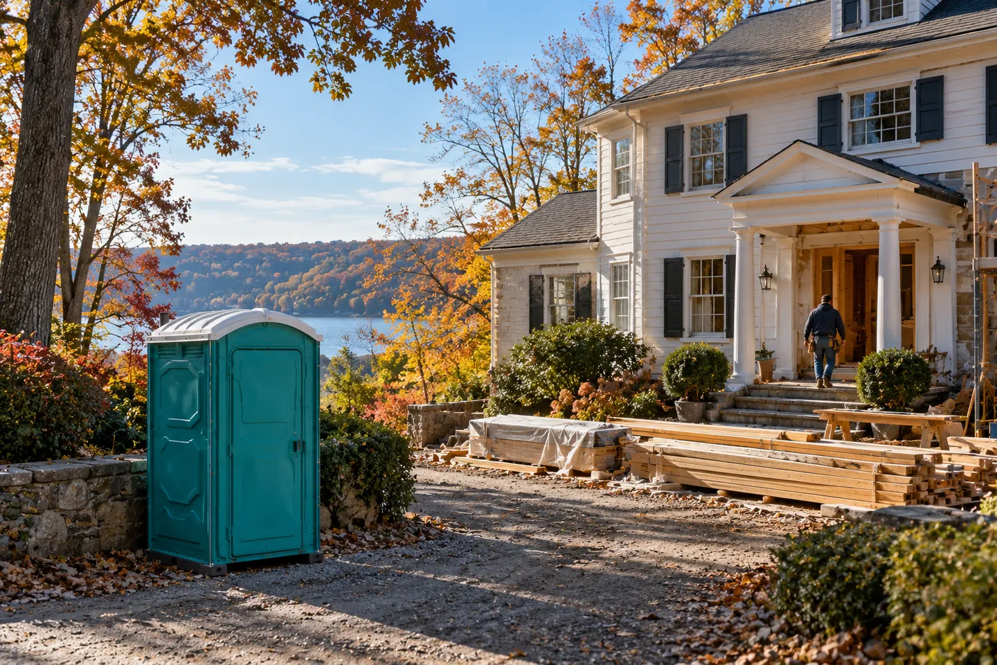 A teal portable toilet on a leaf-covered driveway beside a white colonial house under renovation, with lumber stacked out front