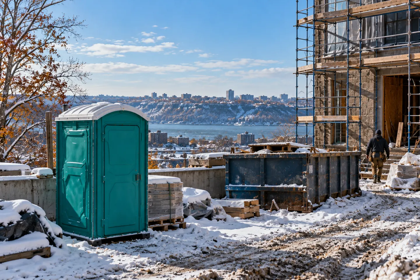 A teal portable toilet in fresh snow on a hillside building site next to a roll-off container, with a river and high-rise skyline behind