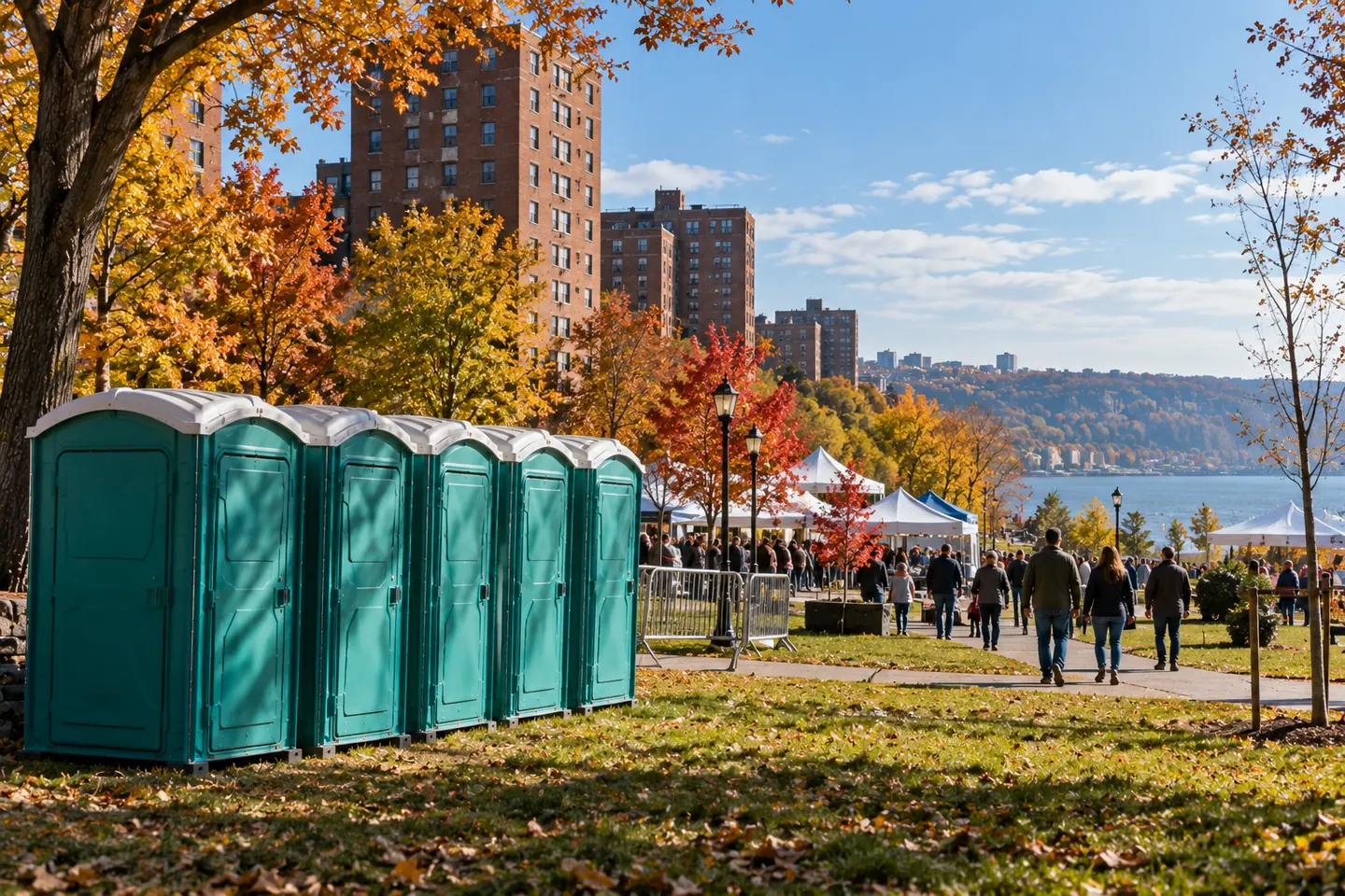 Five teal portable toilets in a row on grass beside a riverside park festival, brick apartment towers and autumn trees behind